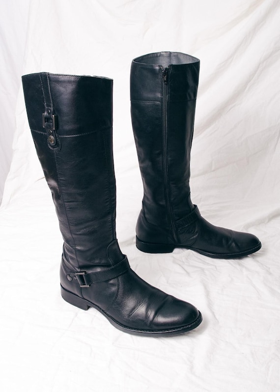 Vintage Y2K Black Leather Boots - 2000s Knee High Riding Footwear