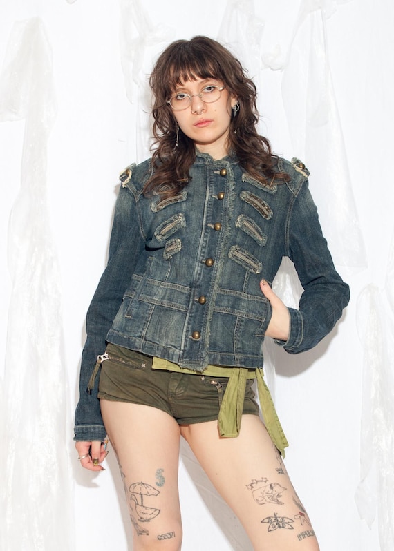 Vintage Y2K Fitted Denim Napoleon Jacket in Blue - 2000s Dromedar