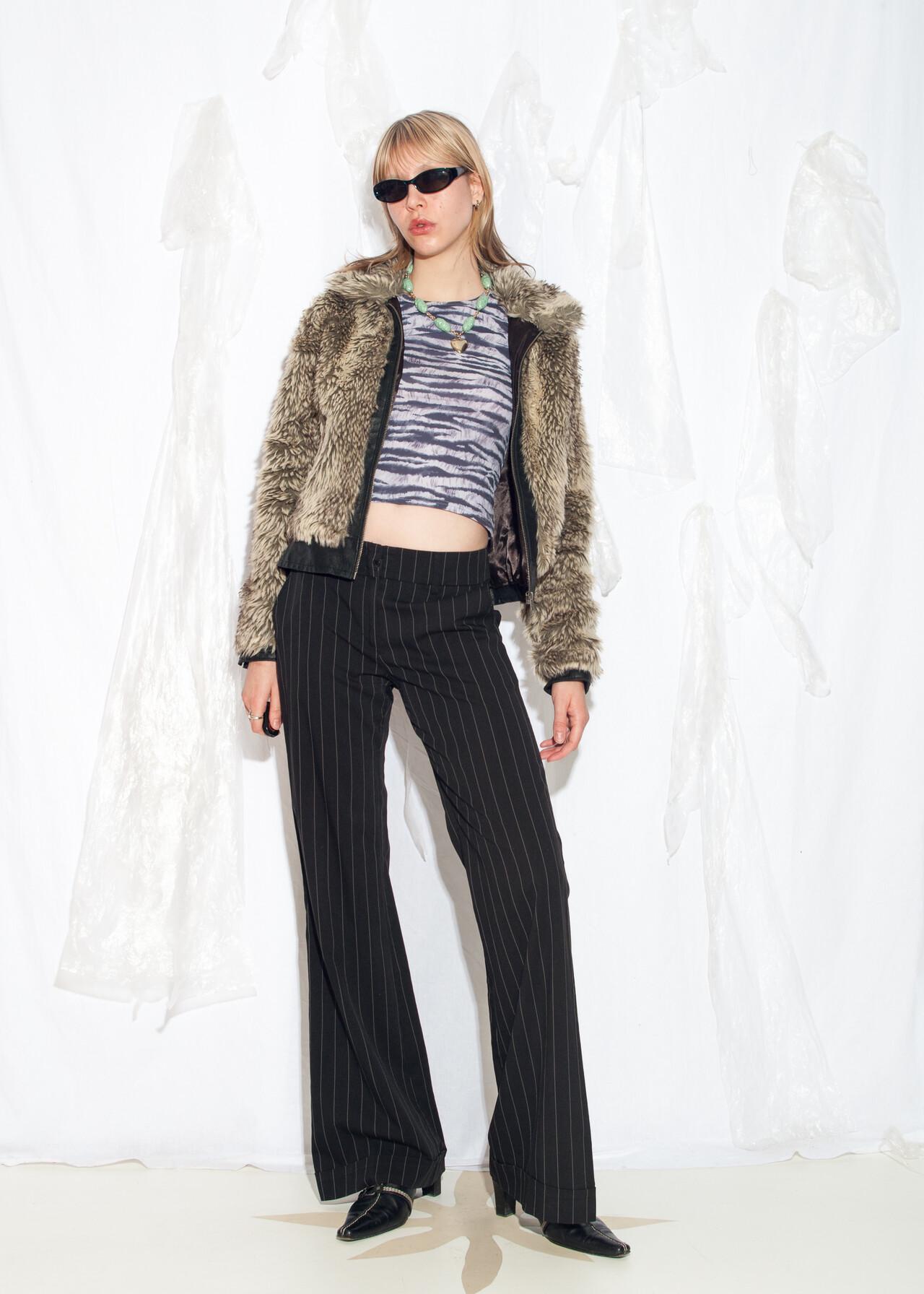 Vintage Y2K Faux Fur Jacket With Leather Detail in Black and