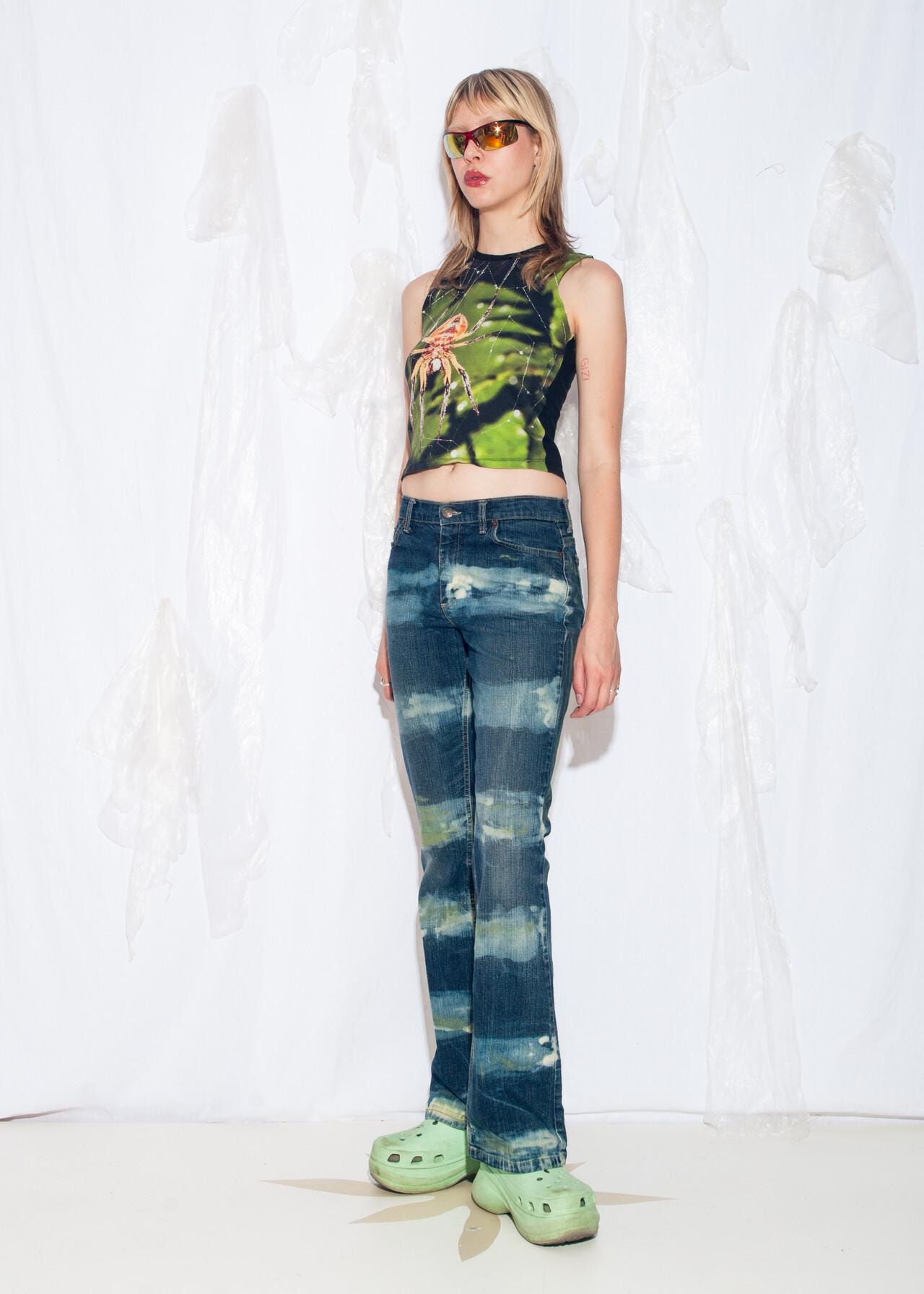 Reworked Vintage Y2K Flare Jeans in Hand Painted Green Blue 