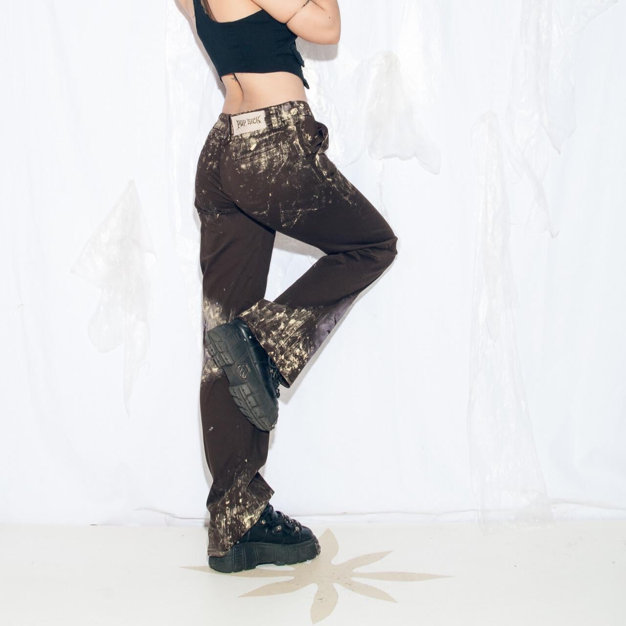 Reworked Vintage Y2K Flare Pants in Hand Painted Brown - 2000s