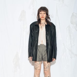 Vintage 90s Real Leather Coat in Black by Sweep - 1990s Y2K Grunge Oversized Parka Jacket - Size XL
