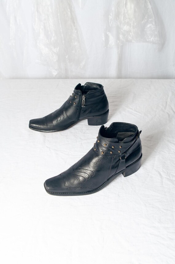 Vintage Y2K Studded Leather Cowboy Boots in Black - 2000s 