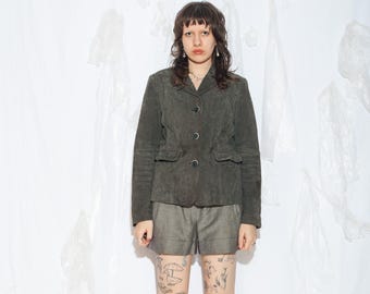 Vintage Y2K Leather Jacket in Grey - 2000s Slim Fit Suede Blazer - Real Leather Grunge Style Coat - Size XL