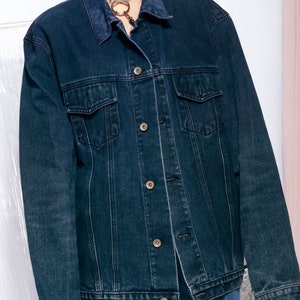 Reworked vintage overdyed denim jacket w weird face patch 90s jean jacket Oversized denim coat image 3