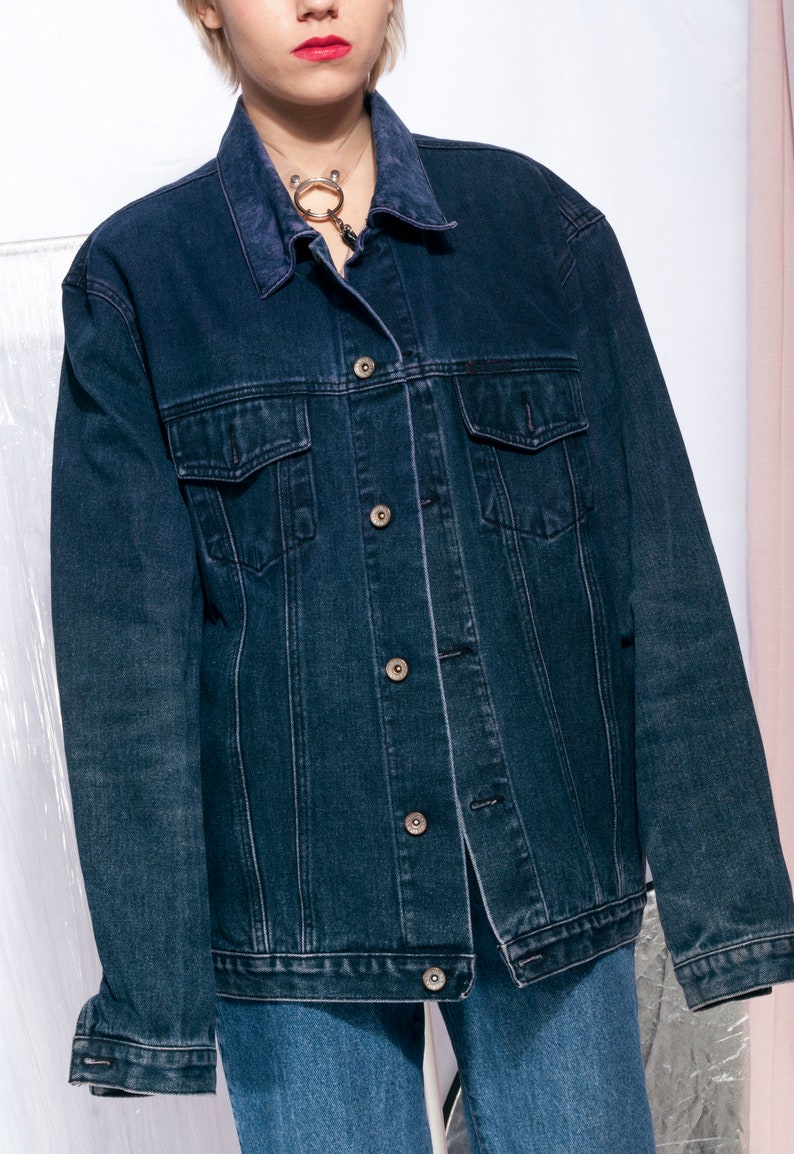 Reworked vintage overdyed denim jacket w weird face patch 90s jean jacket Oversized denim coat image 3