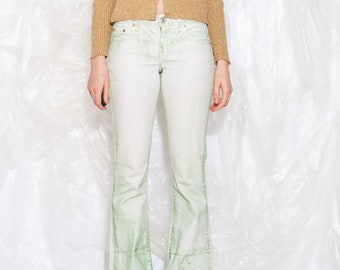 Vintage Y2K Levi's Flare Jeans in Grün Weiß handbemalt 2000er Jahre überarbeitete Flared Bootcut Rave Denim Hose Klein