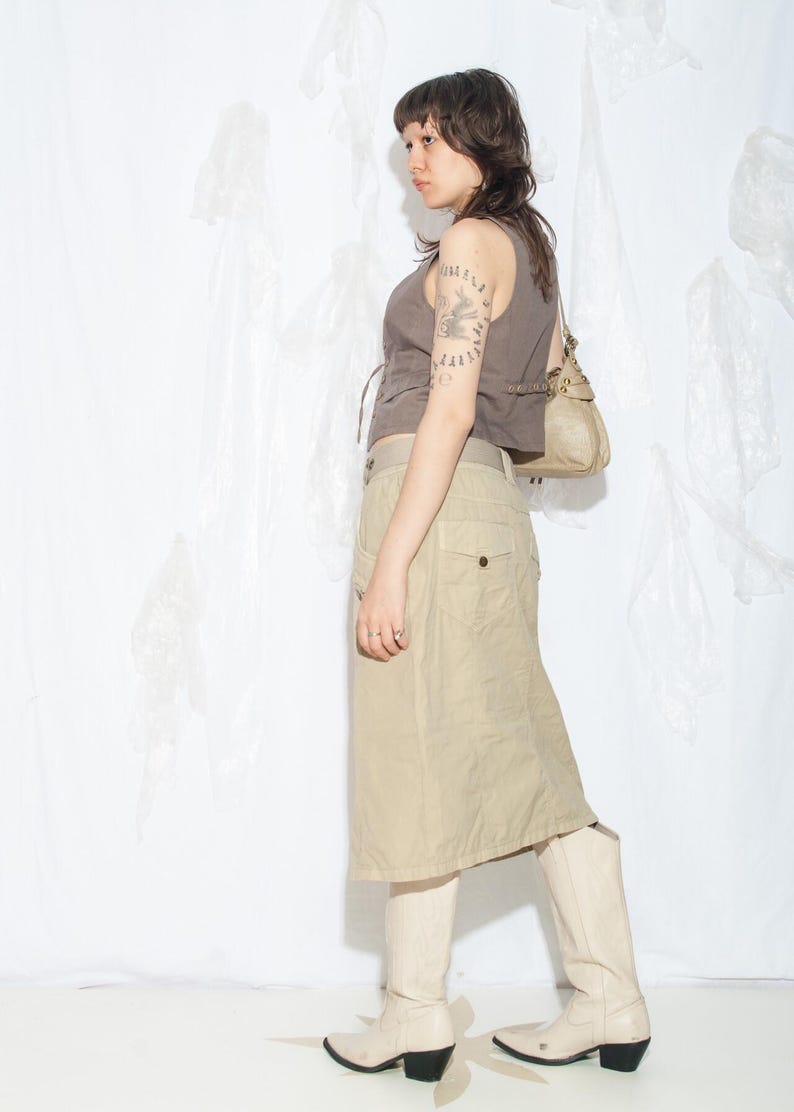 Spódnica cargo vintage Y2K z beżowej bawełny – kowbojski krój midi z kieszeniami w stylu techno z lat 2000. – Gorpcore Aesthetic Apparel – rozmiar XL zdjęcie 6