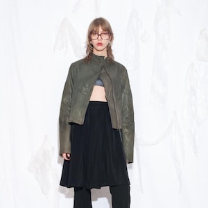 Vintage Y2K Leather Jacket in Grey and Green - 2000s Pins and Needles Grunge Coat - Edgy Style Outerwear - Size L