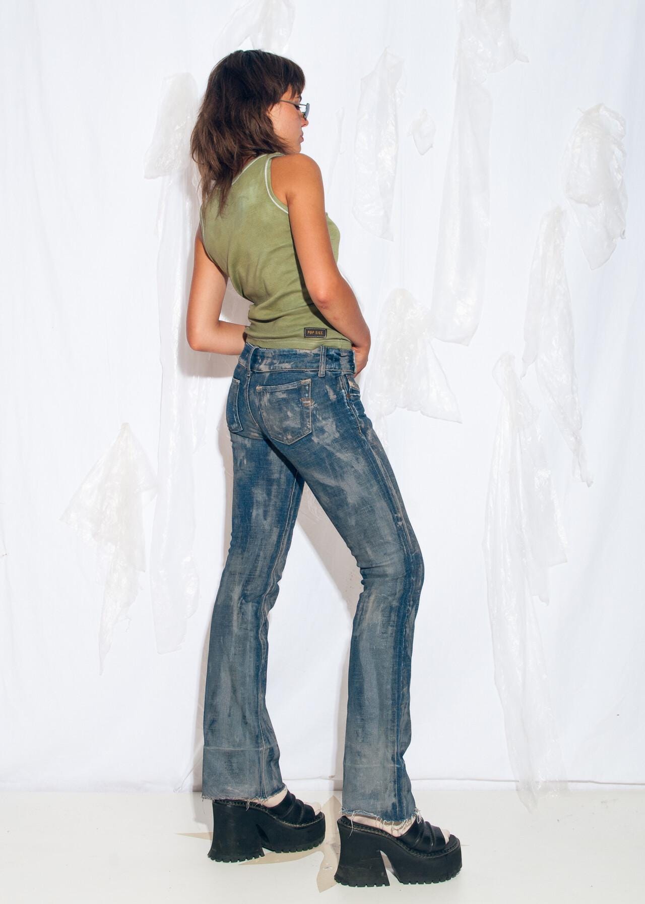 Reworked Vintage Y2K Diesel Jeans in Hand Painted Blue Grey