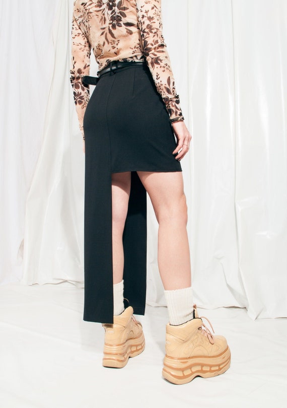 Vintage Skirt 90s Reworked Asymmetric Midi in Bla… - image 1