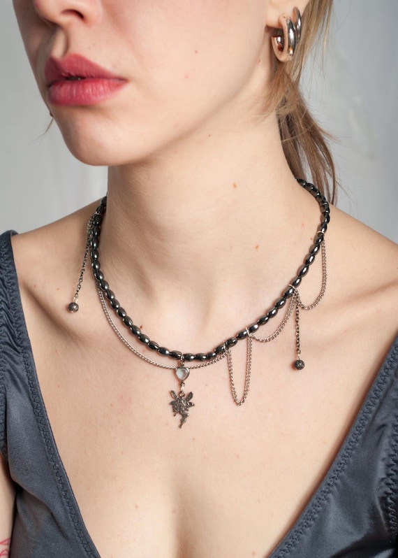 Upcycled Fairy Pendant Necklace - Vintage Y2K Handmade Glass Bead