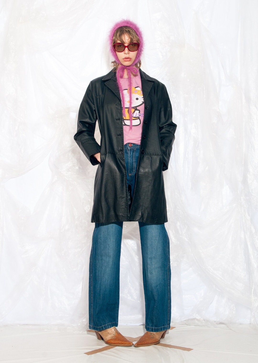 Vintage Y2K Leather Coat in Black 2000s Edgy Grunge Matrix