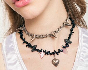 Reworked Nacklace Y2K Handmade Gemstone Heart Choker 2000s Rave Fairy Fairycore Repurposed Upcycled Jewelry Jewellery