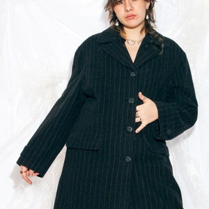 Vintage 80s Long Wool Coat in Minimalist Grey Pinstriped Y2K Oversized Jacket Office Look Extra Large XL image 7