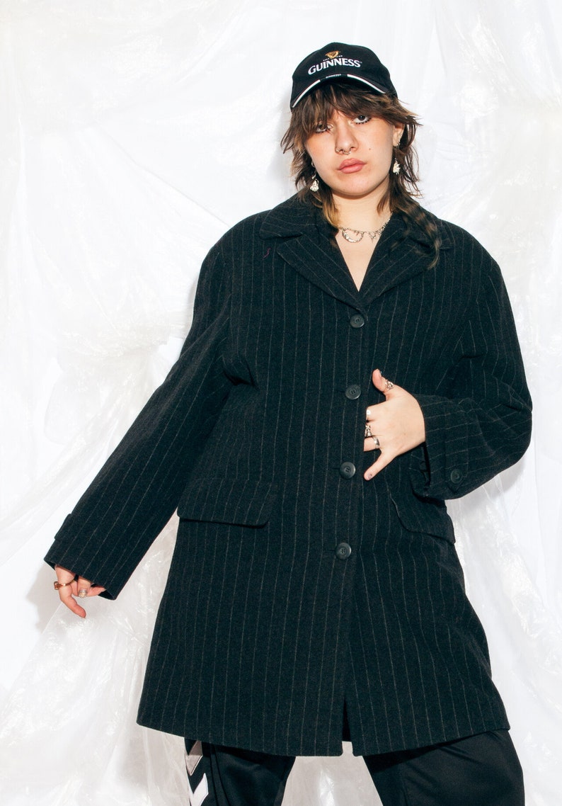 Vintage 80s Long Wool Coat in Minimalist Grey Pinstriped Y2K Oversized Jacket Office Look Extra Large XL image 7