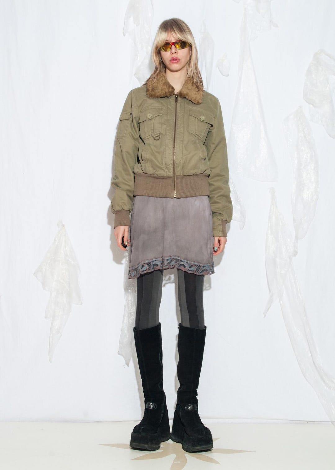 Vintage Y2K Bomber Jacket in Khaki Cotton - 2000s Grunge Aviator