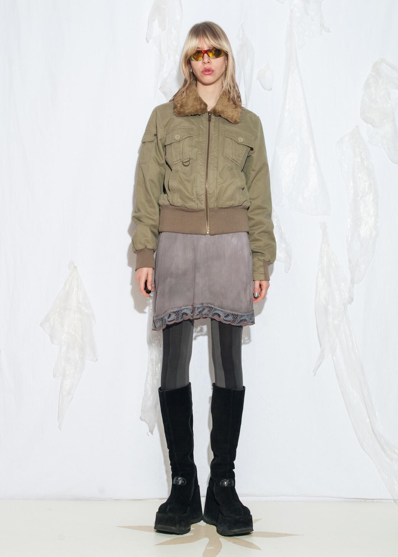 Vintage Y2K Bomber Jacket in Khaki Cotton - 2000s Grunge Aviator