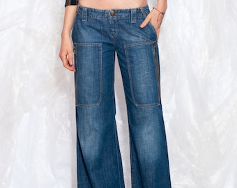 Vintage Y2K GAS Wide Leg Jeans in Blau Low Rise 2000er Rave Grunge Flare Denim Hose Medium