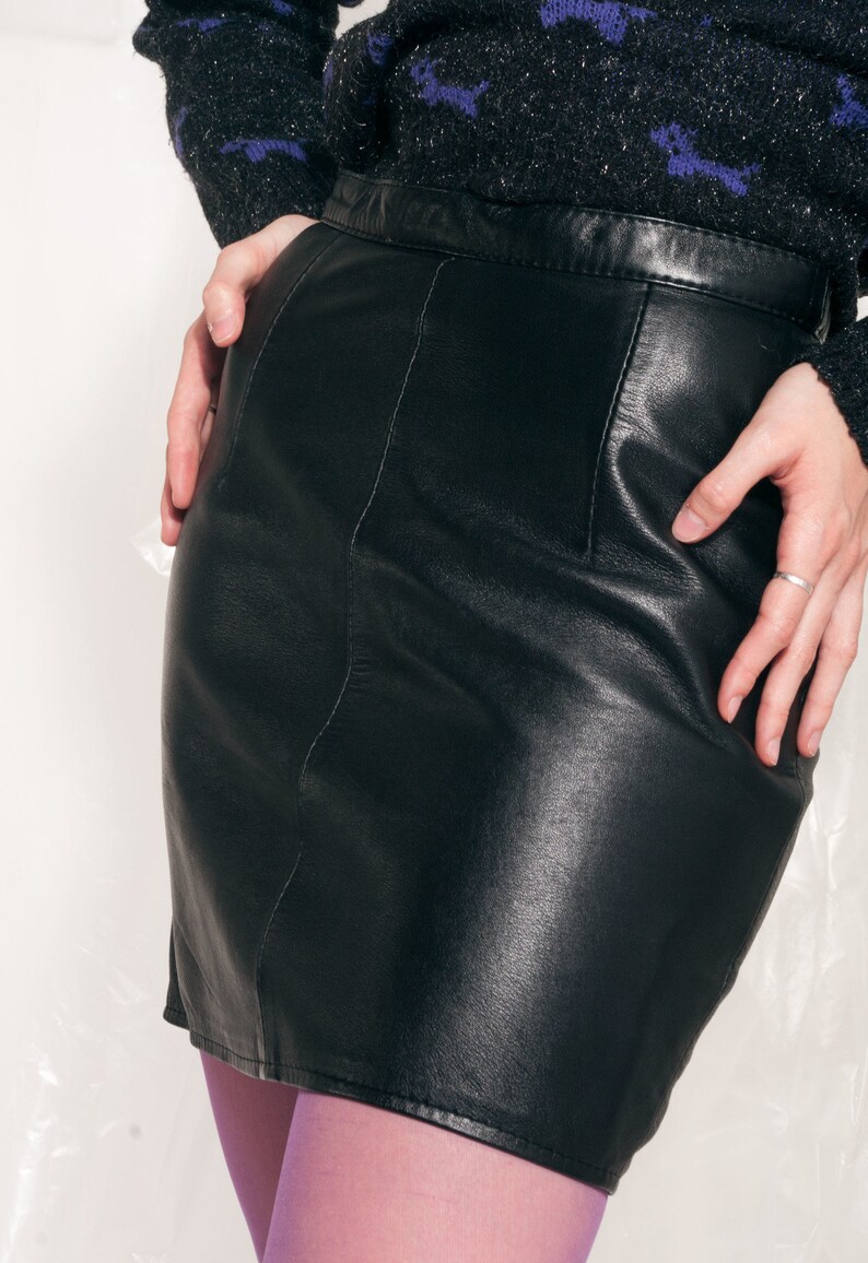 Vintage leather skirt 80s high-waist black minimalist mini 80/'s vntg genuine leather skirt Grunge skirt Sustainable leather skirt