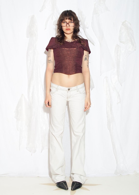 Vintage Y2K Flare Jeans in White Denim With Tattoo Embroidery