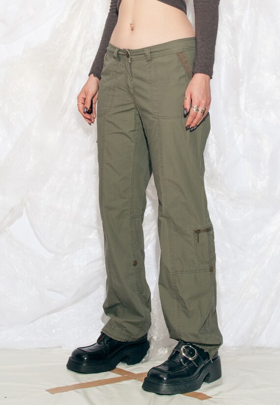 Vintage Y2K Wide Leg Cargo Trousers in Khaki Mud Green 2000s