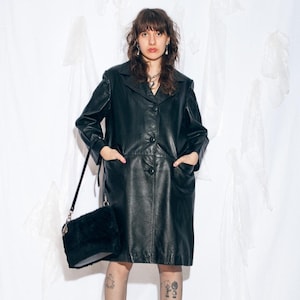 Vintage 90s Real Leather Coat in Black - 1990s Matrix Trench Jacket - Y2K Grunge Maxi Style - Size XL