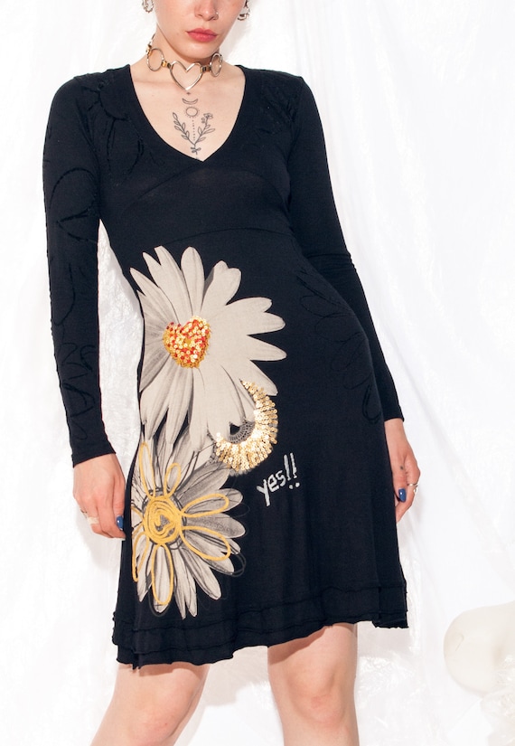Jupe Midi Alfani Vintage Femme XL Noire Soie Fleurie – Années 90, Motif Marguerite, Pour Cérémonie