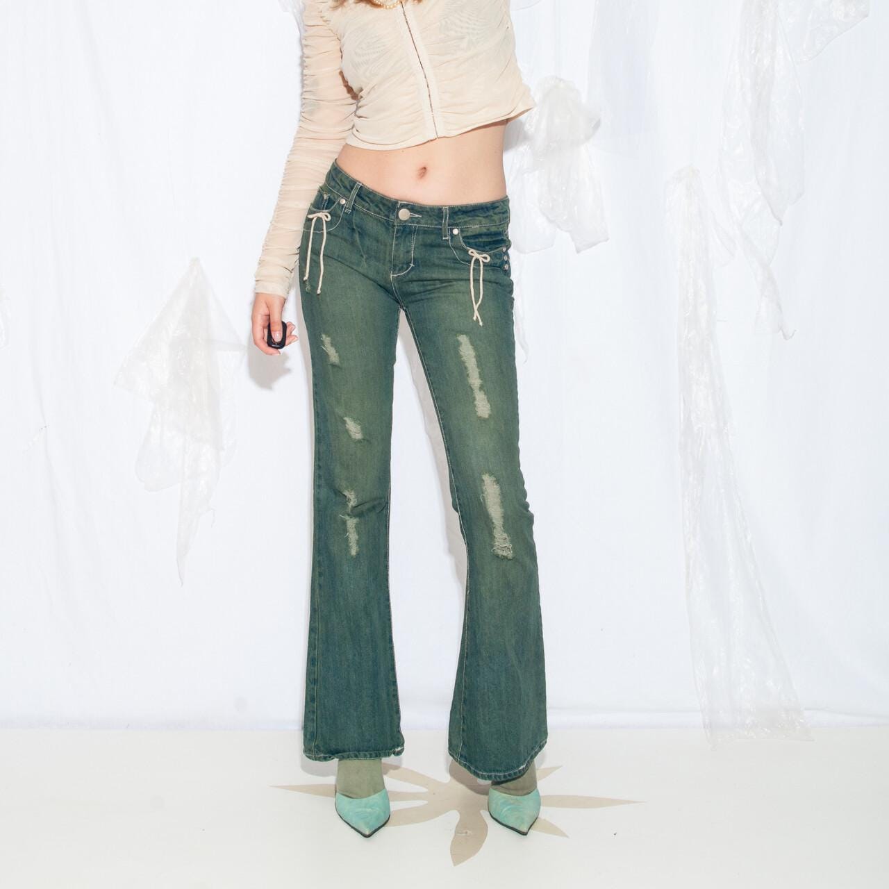 Reworked Vintage Y2K Mud Wash Flare Jeans With Bows - 2000s