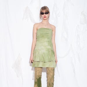 Reworked Vintage Y2K Mini Dress in Green Tie Dye - 2000s Upcycled Ruched Frilly Summer Dress with Bow - Size S