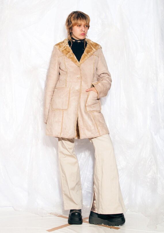 Vintage Y2K Hooded Coat in Beige Faux Shearling 2… - image 6