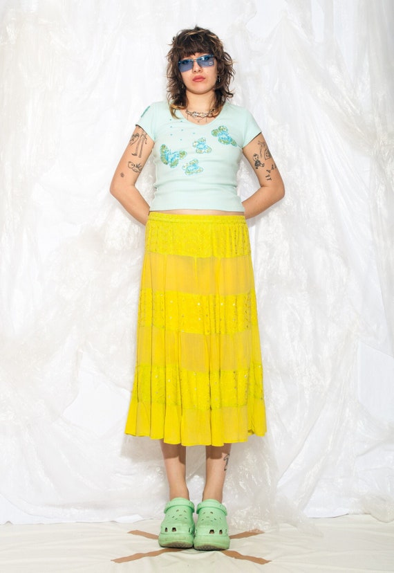 Vintage Y2K Tiered Skirt Fairycore Maxi in Yellow 2000s Long