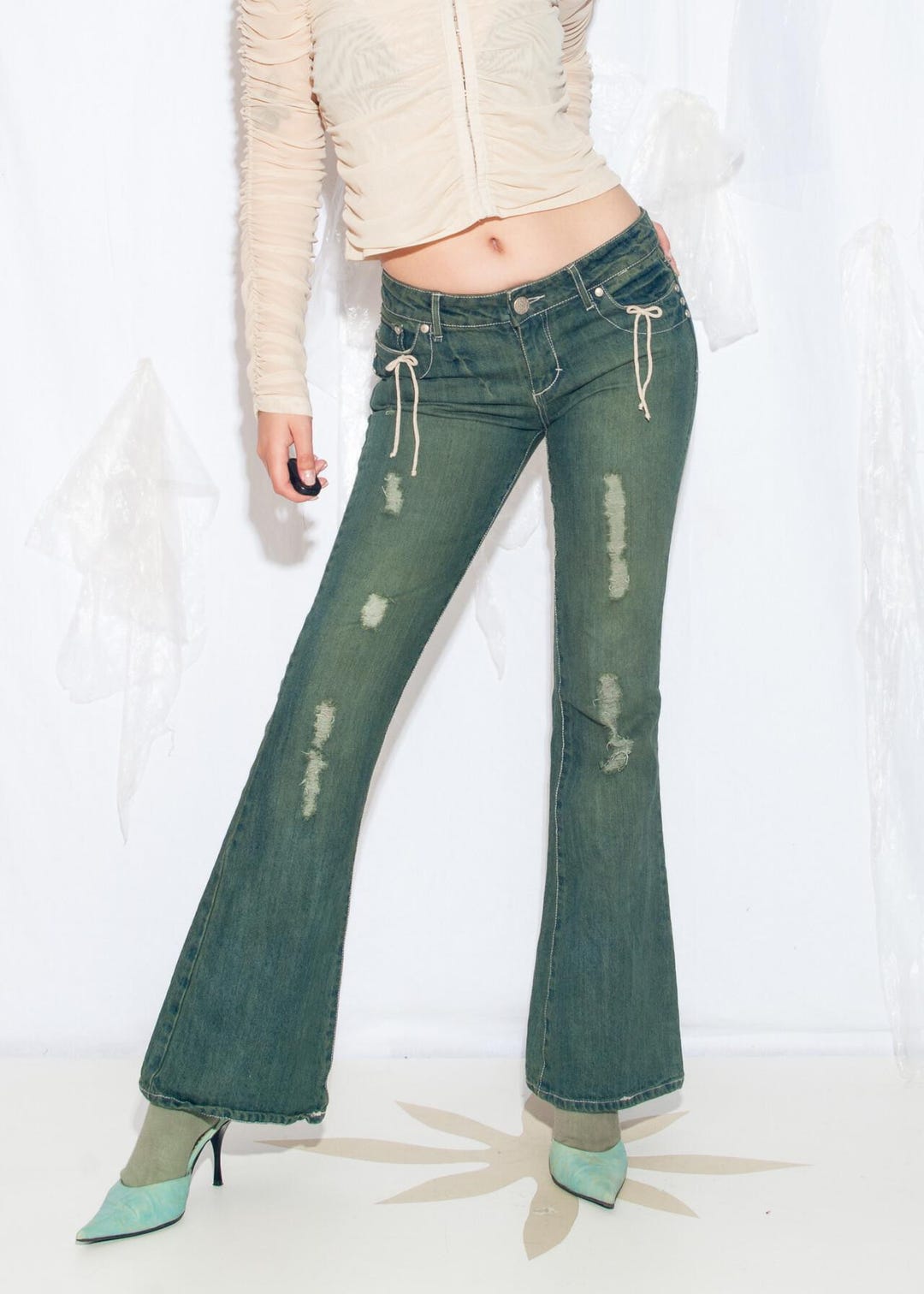 Upcycled 2000s Green Flared Jeans - Low Rise Bootcut Pants