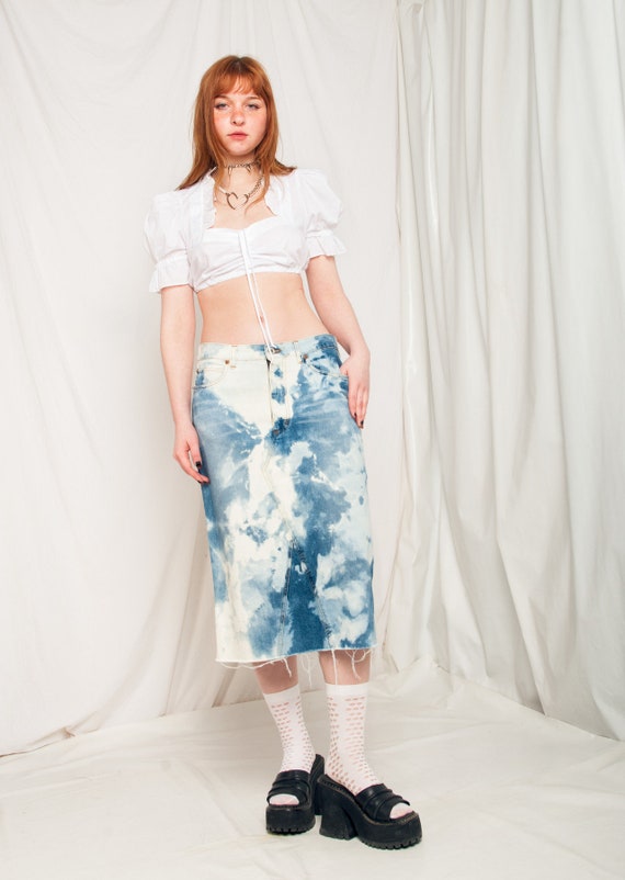 Vintage Denim Skirt Y2K Reworked Bleached Midi in… - image 1