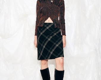 Vintage Y2K Midi Skirt in Plaid Black Wool Blend 2000s Preppy Goth Dark Academia Office Look Small