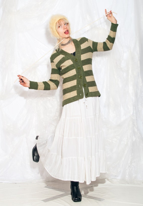 Vintage Y2K Knit Cardigan in Green Beige Striped - 2000s Whimsigoth Grunge Style Sweater - Size S