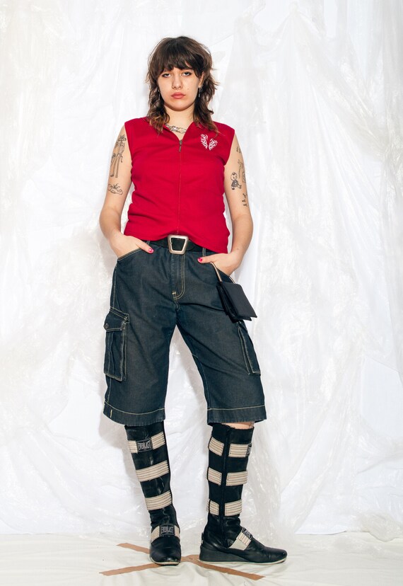 Vintage Y2K Hooded Vest in Red With Tribal Tattoo Pattern 2000s