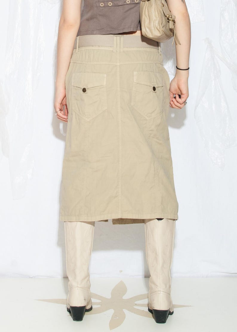 Spódnica cargo vintage Y2K z beżowej bawełny – kowbojski krój midi z kieszeniami w stylu techno z lat 2000. – Gorpcore Aesthetic Apparel – rozmiar XL zdjęcie 5