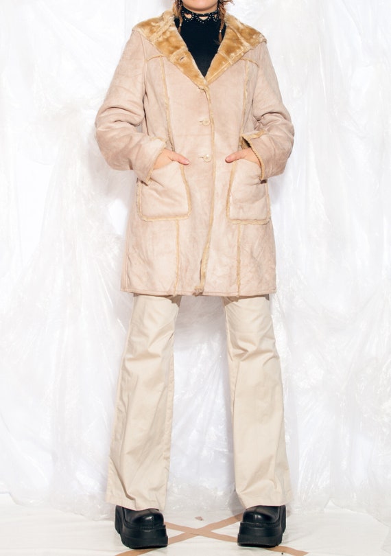 Vintage Y2K Hooded Coat in Beige Faux Shearling 2… - image 4