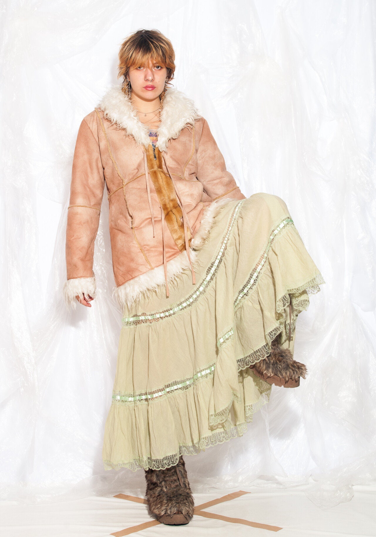 Vintage Y2K Coat in Brown Faux Shearling With Faux Fur Collar