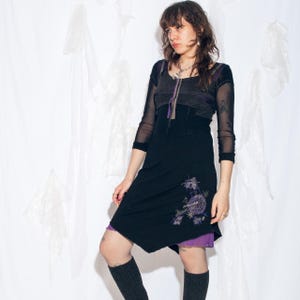 Vintage Y2K Midi Dress in Black and Purple Mesh - 2000s Cyber Grunge Subversive Style Outfit - Size L