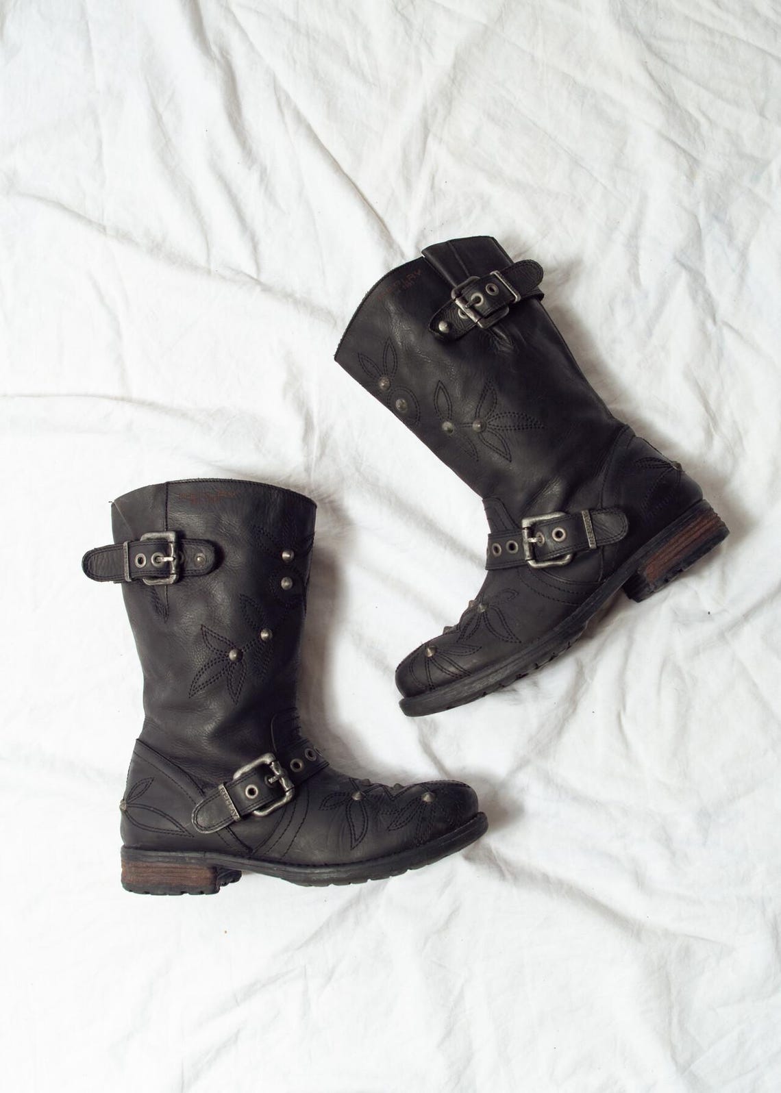 Vintage Y2K Replay Leather Biker Boots in Black - 2000s Studded Grunge Style Shoes - Size 39, foto 1 di 5