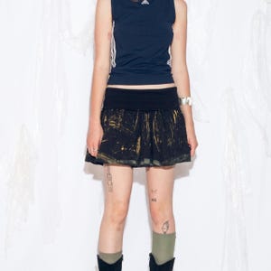 Reworked Vintage Y2K Mini Skirt in Hand Painted Green - 2000s Upcycled Low Rise Cotton Frilly Micro - Grunge Style - Size S