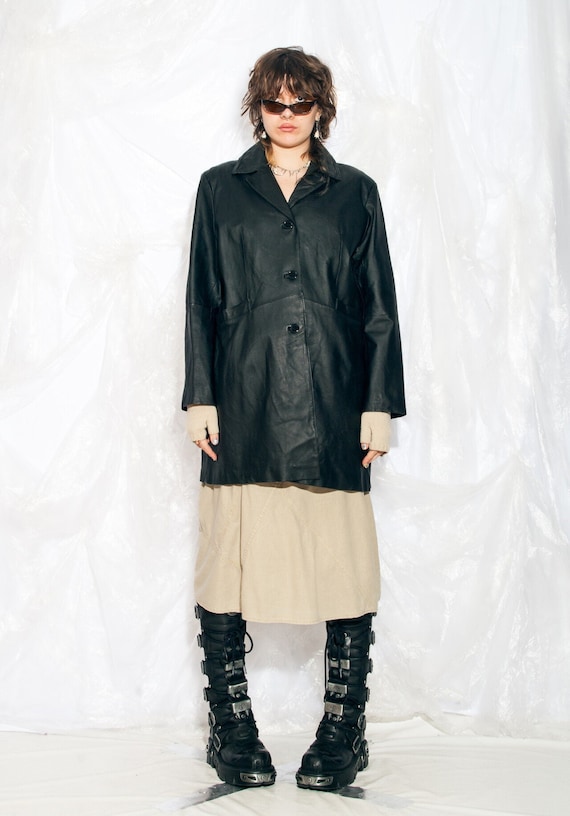 Vintage Y2K Leather Coat in Black Matrix Style 2000s Real Leather