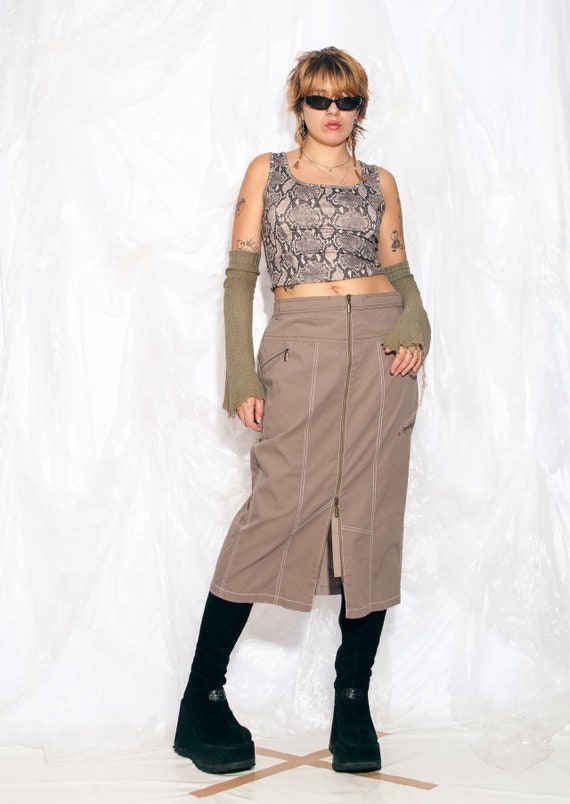 Vintage Y2K Cargo Midi Skirt in Brown with Zip Fr… - image 4