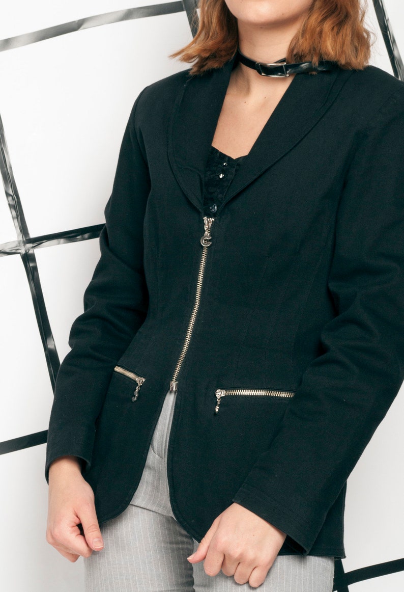 Zipper blazer 90s vintage black jacket 90/'s vntg grunge jacket Long blazer