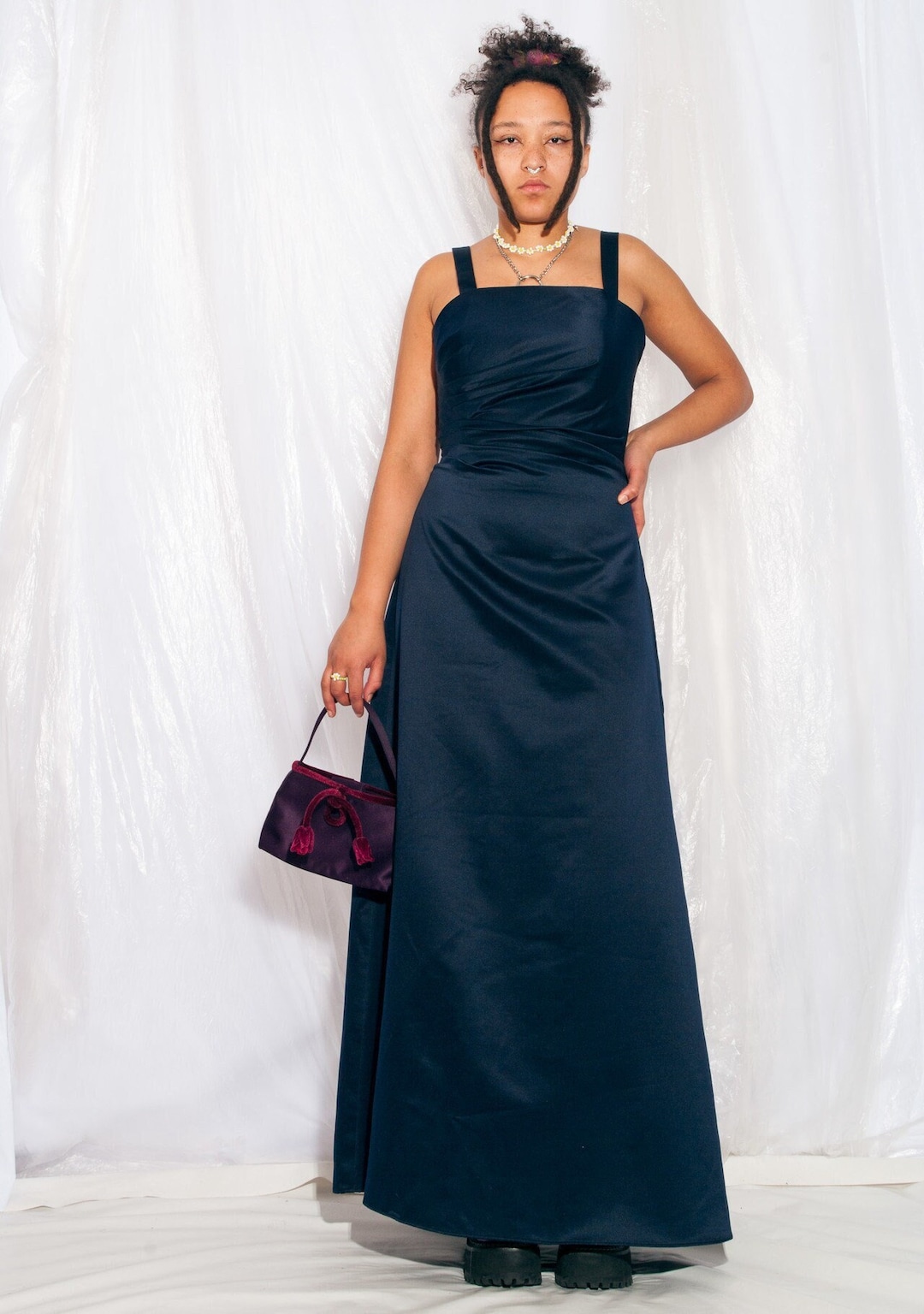 Vintage Prom Dress 90s Ruched Evening Maxi in Blue 1990s Y2K Minimalist