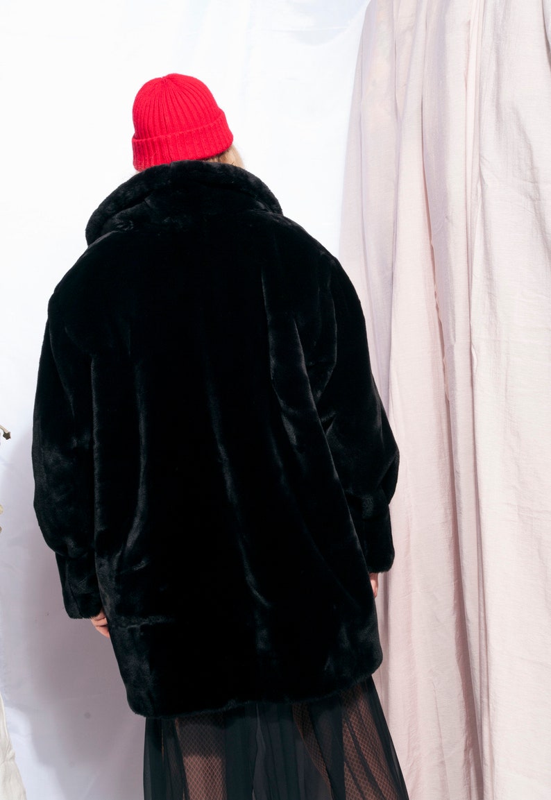 Vintage faux fur coat 80s oversized plush jacket 80/'s vntg black winter coat
