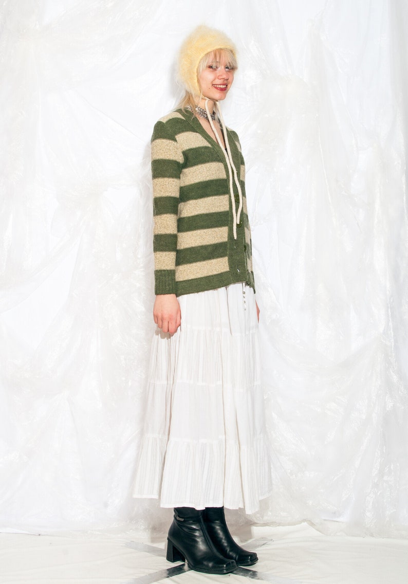 Vintage Y2K Knit Cardigan in Green Beige Vertically Striped 2000s Grungey Fairycore Grunge Sweater Small image 4