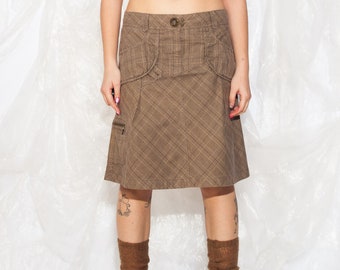 Vintage Y2K Cargo Skirt in Plaid Brown Cotton 2000s Gorpcore Pocket Utility Skirt Fairycore Grunge Middle Rise Midi Skirt Extra Large